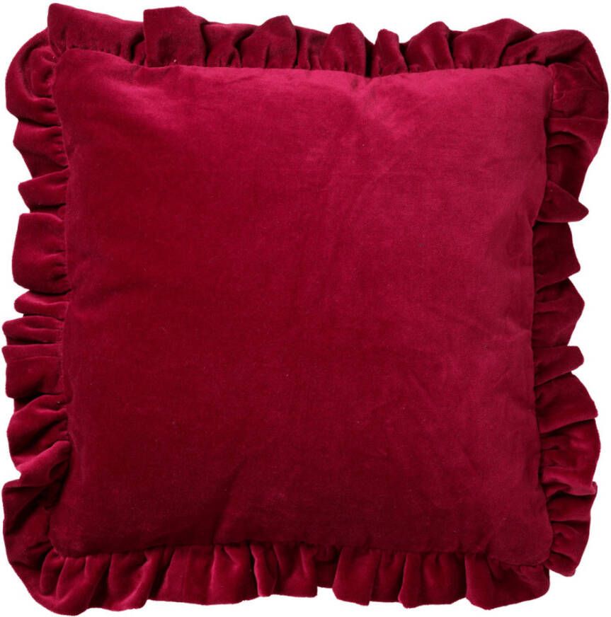 Dutch Decor YARA Sierkussen 45x45 cm 100% katoen velvet met ruches Red Plum donkerroze