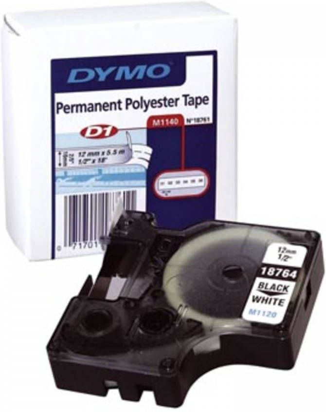Dymo D1 permanente polyestertape 12 mm zwart op wit