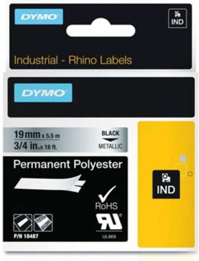 Dymo RHINO tape permanent polyester 19 mm zwart op metaal