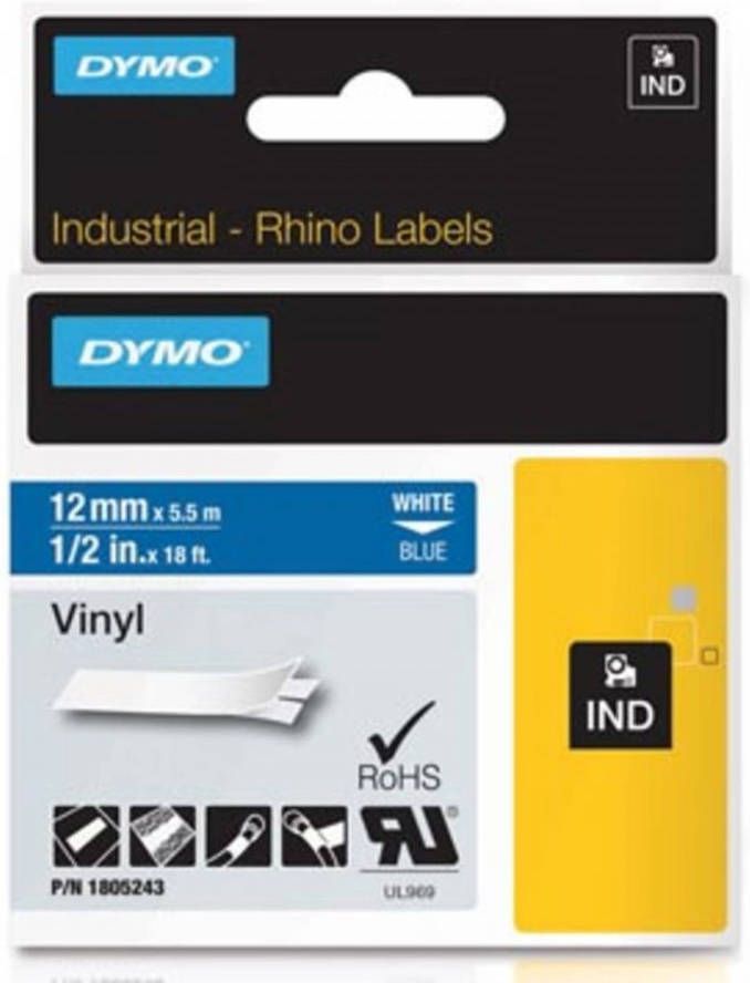 Dymo RHINO vinyltape 12 mm wit op blauw