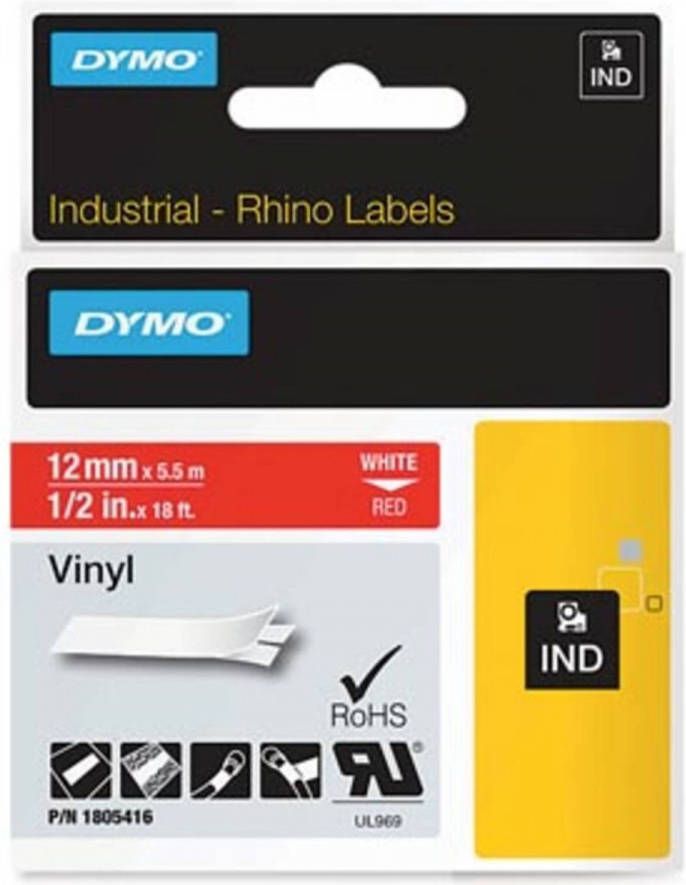Dymo RHINO vinyltape 12 mm wit op rood