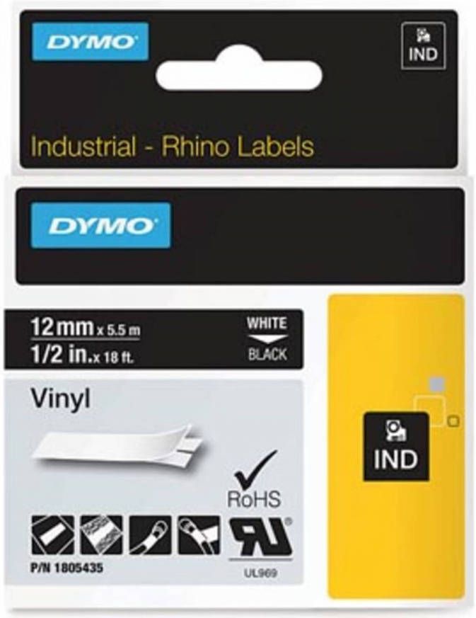 Dymo RHINO vinyltape 12 mm wit op zwart