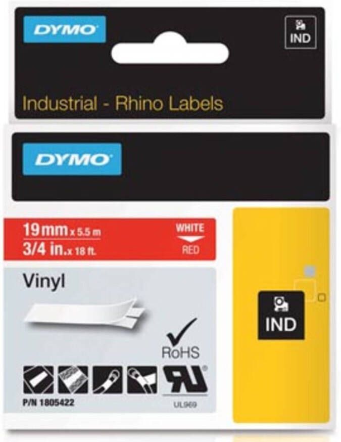 Dymo RHINO vinyltape 19 mm wit op rood