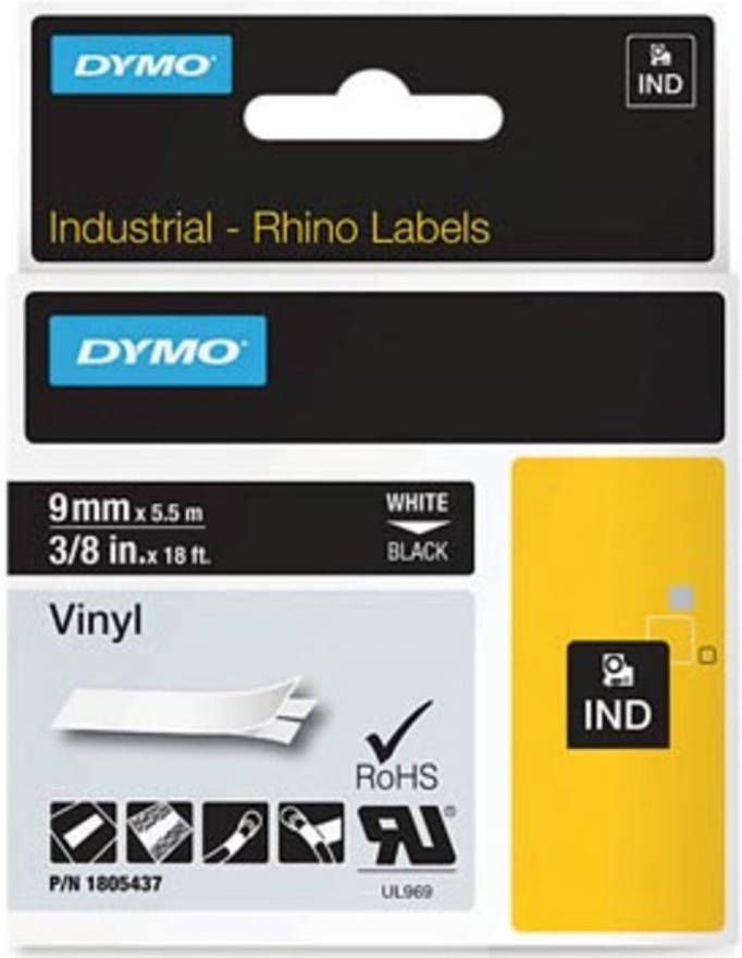 Dymo RHINO vinyltape 9 mm wit op zwart