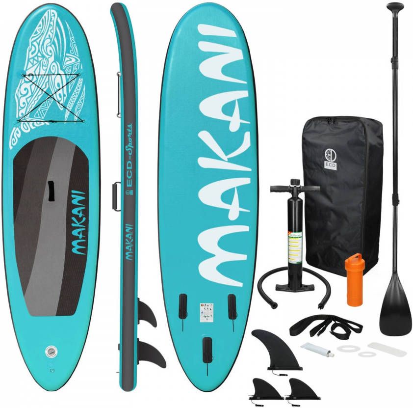 ECD Germany Opblaasbare Stand Up Paddle Board Makani 320 x 82 x 15 cm turquoise incl. pomp en draagtas gemaakt van PVC