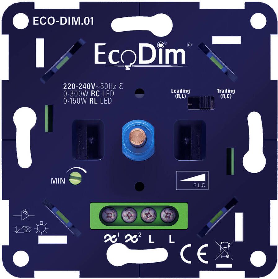 EcoDim LED Dimmer ECO-DIM.01 Fase Aan- en Afsnijding RLC Inbouw Enkel Knop 0-300W