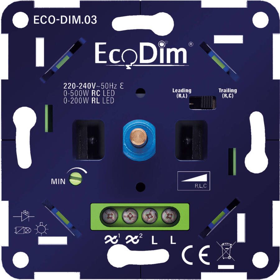 EcoDim LED Dimmer ECO-DIM.03 Fase Aan- en Afsnijding RLC Inbouw Enkel Knop 0-500W