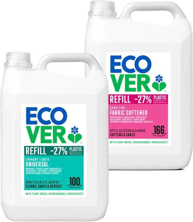 Ecover Vloeibaar Wasmiddel Universeel + Wasverzachter Appelbloesem & Amandel 2 x 5 L Voordeelverpakking