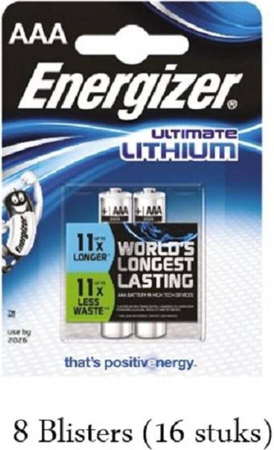 Energizer 16 stuks (8 blisters a 2 stuks) AAA Ultimate Lithium 1.5V Micro LR03 FR3
