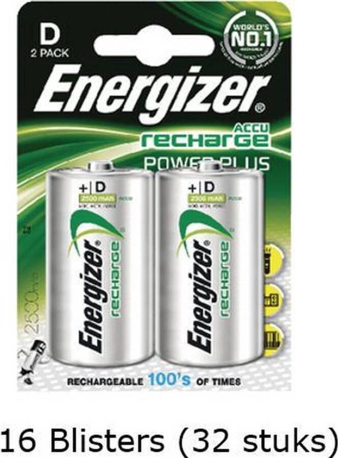 Energizer 32 stuks (16 blisters a 2 stuks) D Power Plus Batterij oplaadbaar 1.2V 2500mAh rechargeable