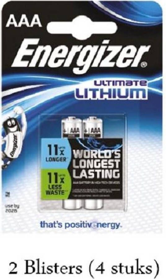 Energizer 4 stuks (2 blisters a 2 stuks) AAA Ultimate Lithium 1.5V Micro LR03 FR3