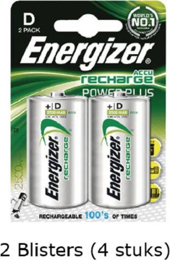 Energizer 4 stuks (2 blisters a 2 stuks) D Power Plus Batterij oplaadbaar 1.2V 2500mAh rechargeable
