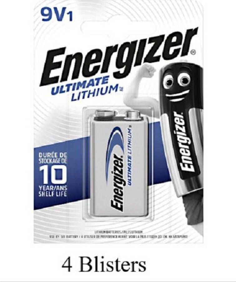 Energizer 4 stuks (4 blisters a 1 stuk) Ultimate Lithium 9V blok Batterij L522 e-block MN1604 6LR61