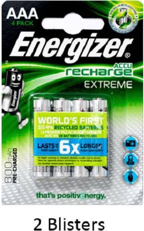 Energizer 8 stuks (2 blisters a 4 stuks) Extreme AAA Oplaadbaar 800 mAh