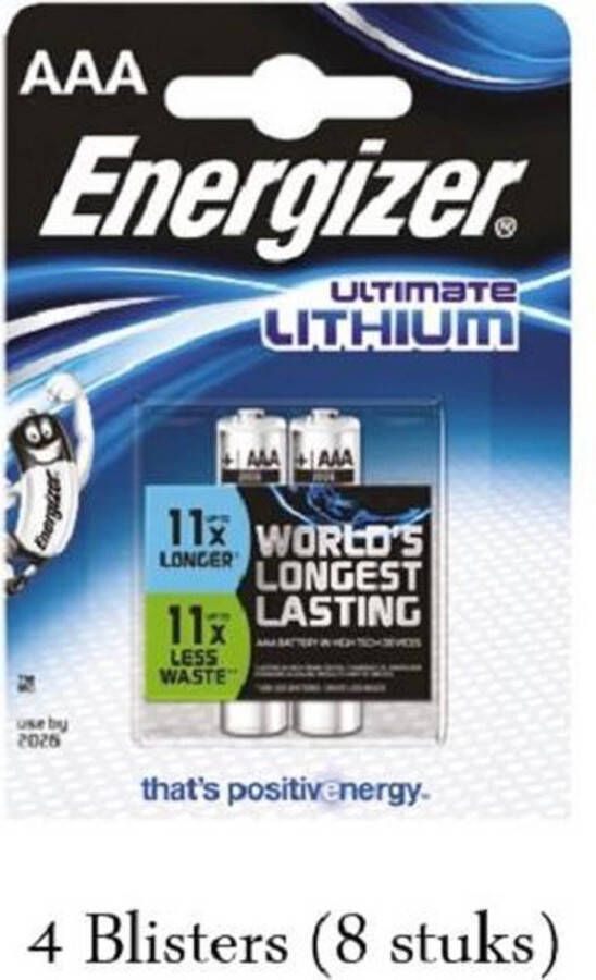 Energizer 8 stuks (4 blisters a 2 stuks) AAA Ultimate Lithium 1.5V Micro LR03 FR3
