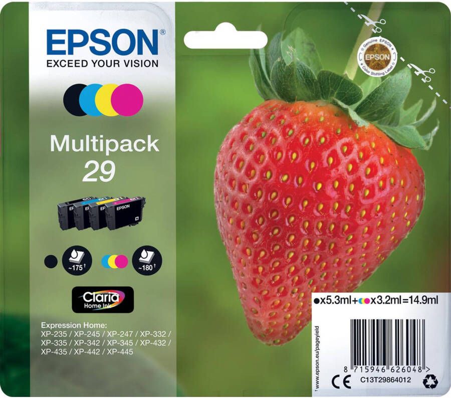 Epson inktcartridge 29 180 pagina&apos;s OEM C13T29864012 4 kleuren 8 stuks