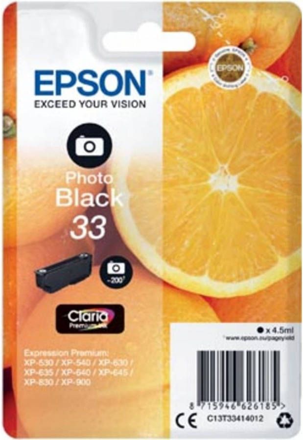 Epson inktcartridge 33 foto zwart 200 pagina&apos;s OEM: C13T33414012