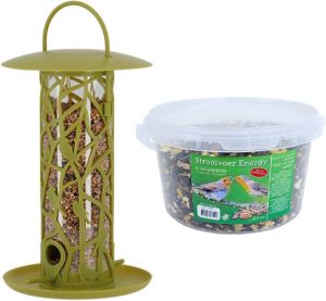 Esschert Design Vogel voedersilo met zitstokjes en tray groen kunststof 27 cm inclusief 4-seizoenen energy vogelvoer Vogel voedersilo