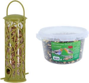 Esschert Design Vogel voedersilo met zitstokjes groen kunststof 27 cm inclusief 4-seizoenen energy vogelvoer Vogel voedersilo
