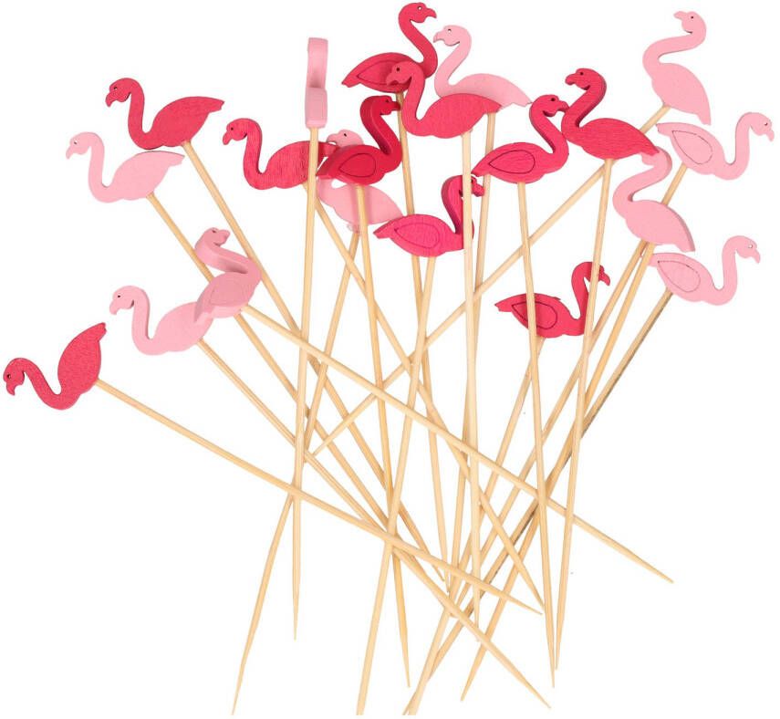 Excellent Houseware Cocktail tapas prikkers flamingos 20x stuks bamboo 12 cm Cocktailprikkers