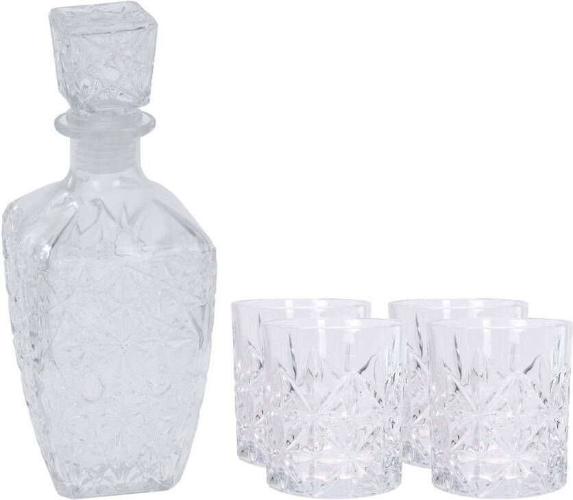 Excellent Houseware Glazen whisky water karaf 900 ml met 4x whiskyglazen 230 ml Whiskeykaraffen