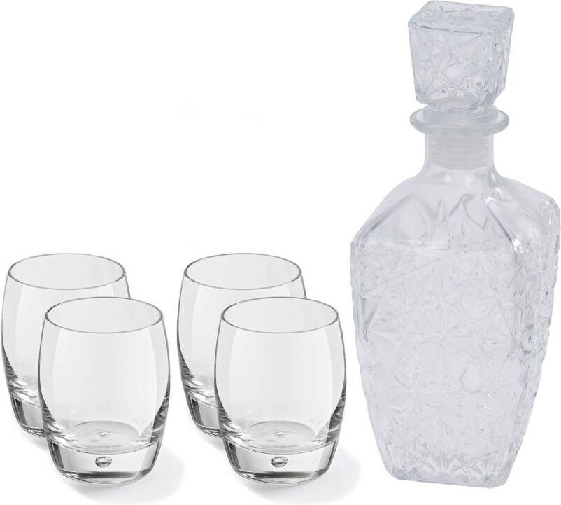 Excellent Houseware Glazen whisky water karaf 900 ml met 4x whiskyglazen 360 ml Whiskeykaraffen