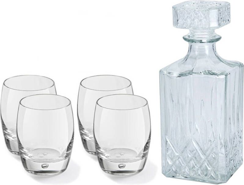 Excellent Houseware Glazen whisky water karaf 900 ml met 4x whiskyglazen 360 ml Whiskeykaraffen