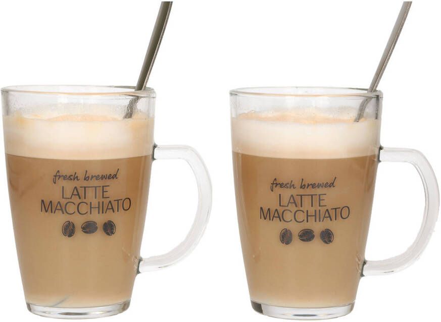 Excellent Houseware Latte macchiato glazen set 2x incl. lepels glas 300 ml koffie glazen Koffie- en theeglaz