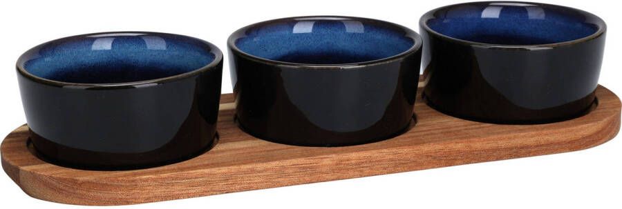 Excellent Houseware Serveerplank borrelplank hapjes saus tapas keramiek blauw incl. 3x schaaltjes Serveerplanken