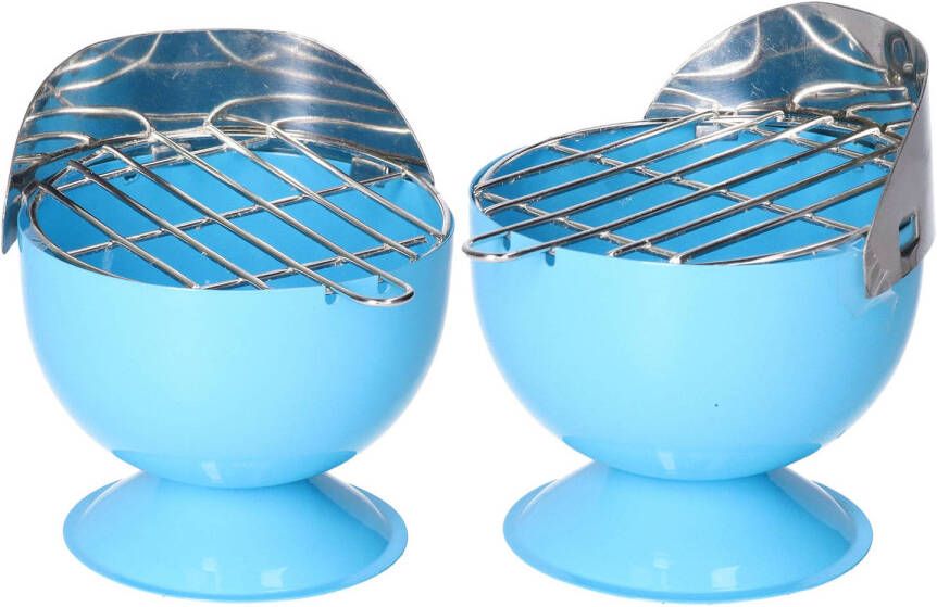 Excellent Houseware Set van 2x stuks asbak als BBQ vorm metaal 12 cm blauw voor binnen buiten Asbakken