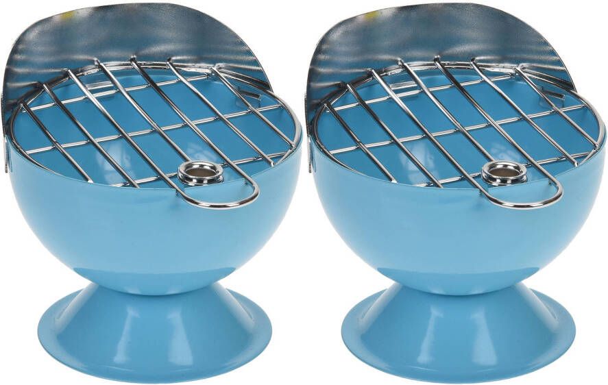 Excellent Houseware Set van 2x stuks asbak als BBQ vorm metaal 12 cm blauw voor binnen buiten Asbakken
