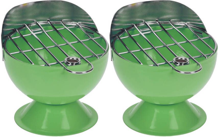 Excellent Houseware Set van 2x stuks asbak als BBQ vorm metaal 12 cm groen voor binnen buiten Asbakken