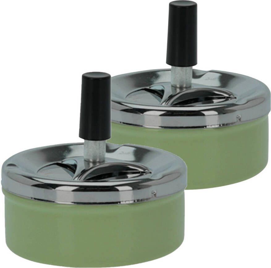 Excellent Houseware Set van 2x stuks druk en draai tafel asbak metaal groen chrome 9 x 5 cm Asbakken
