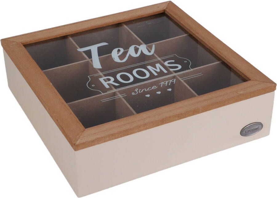 Excellent Houseware Theedoos 9-vaks beige bruin hout 24 x 24 x 7 cm theekist voor thuis glazen deksel