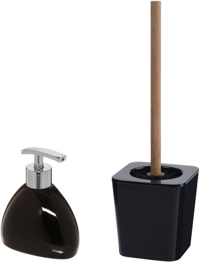 Excellent Houseware WC- toiletborstel en houder kunststof zwart met zeeppompje 300 ml Badkameraccessoireset