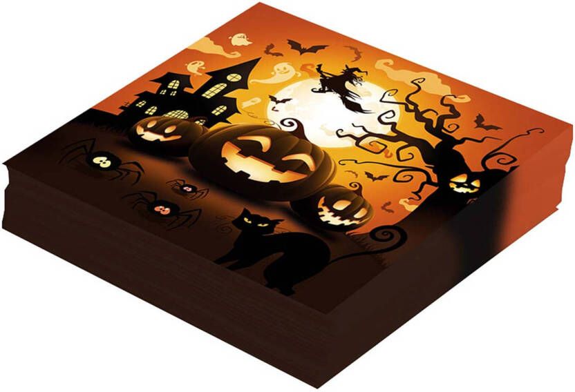 Fiestas Guirca Halloween horror pompoen servetten 12x zwart papier 33 x 33 cm Feestservetten