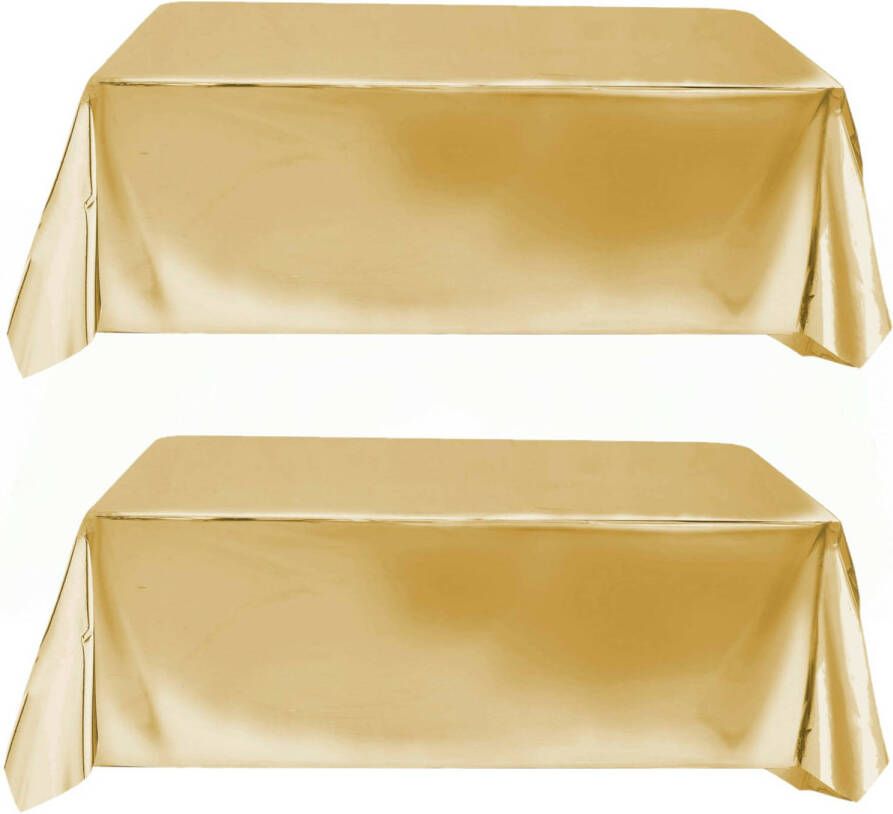 Fiestas Guirca Set van 2x tafelkleed tafellaken polyester folie metallic goud 140 x 275 cm Tafellakens