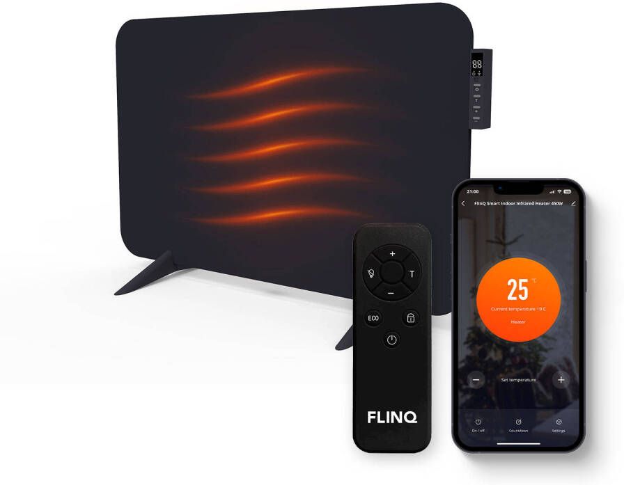 FlinQ Smart Infrarood Paneelverwarmer Verwarming elektrisch Verwarmingspaneel 450W Zwart