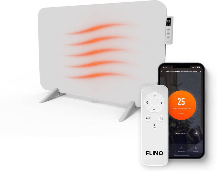 FlinQ Smart Infrarood Paneelverwarmer Verwarming elektrisch Verwarmingspaneel Elektrische kachel 450W Wit