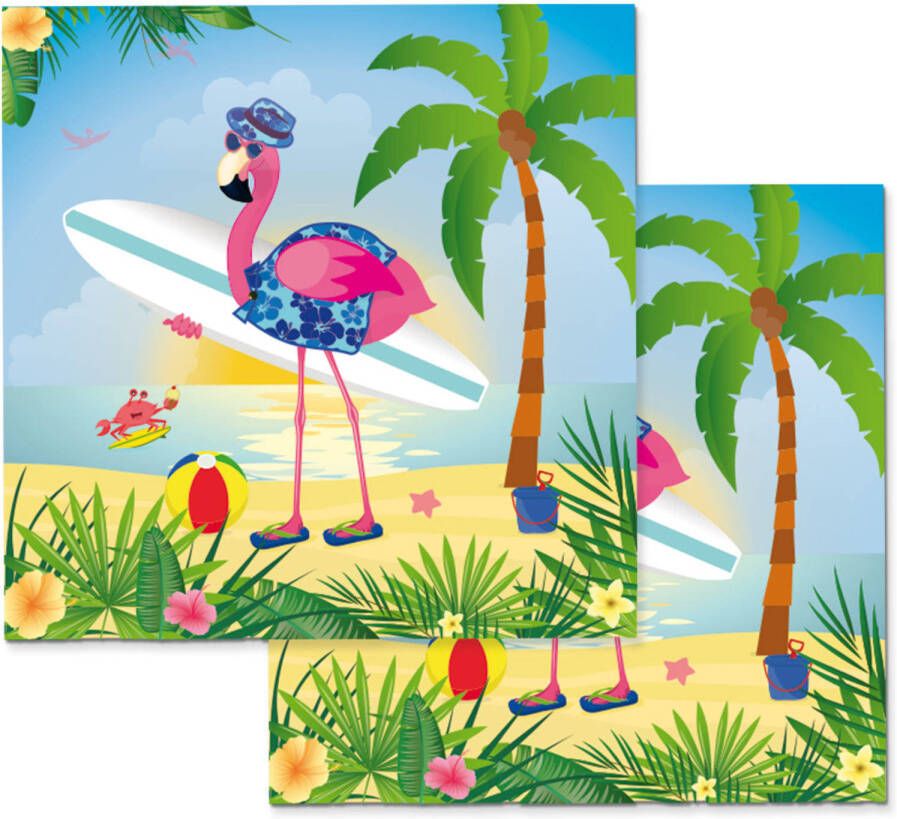 Folat 60x Papieren dieren thema met flamingo op het strand tafel servetten 33 x 33 cm Feestservetten
