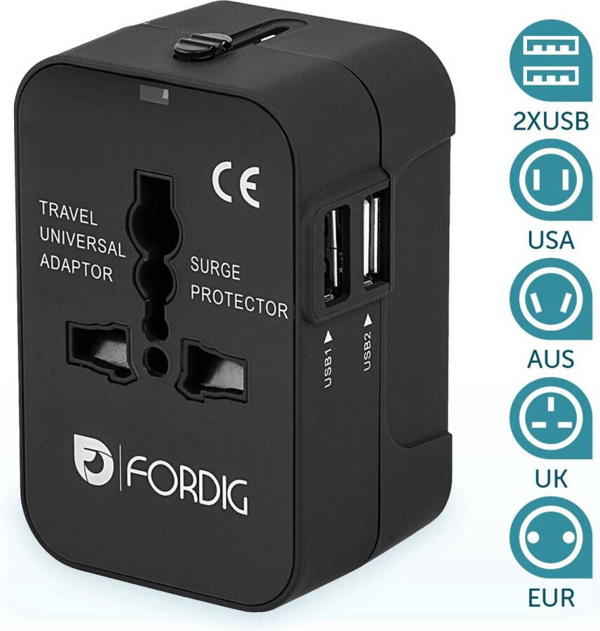 ForDig Universele Wereldstekker met 2 Fast Charge USB Poorten Reisstekker Geschikt voor 150+ Landen Reis Stekker