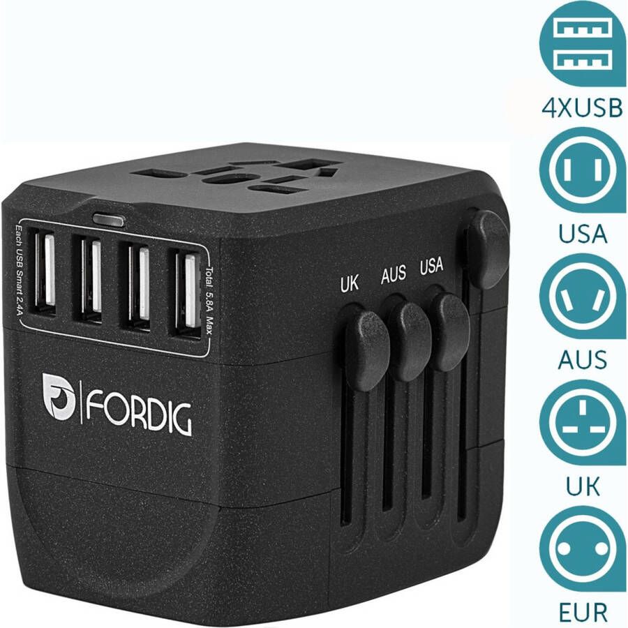 ForDig Universele Wereldstekker met 4 Fast Charge USB en 1 USB-C Poort Reisstekker Geschikt voor 150+ Landen