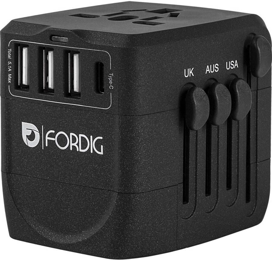 ForDig Universele Wereldstekker met 3 Fast Charge USB en 1 USB-C Poort Reisstekker Geschikt voor 150+ Landen