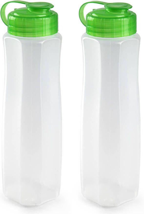 Forte Plastics 2x stuks kunststof waterflessen 1000 ml transparant met dop groen Drinkflessen