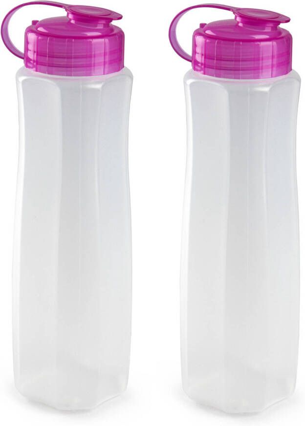 Forte Plastics 2x stuks kunststof waterflessen 1000 ml transparant met dop roze Drinkflessen