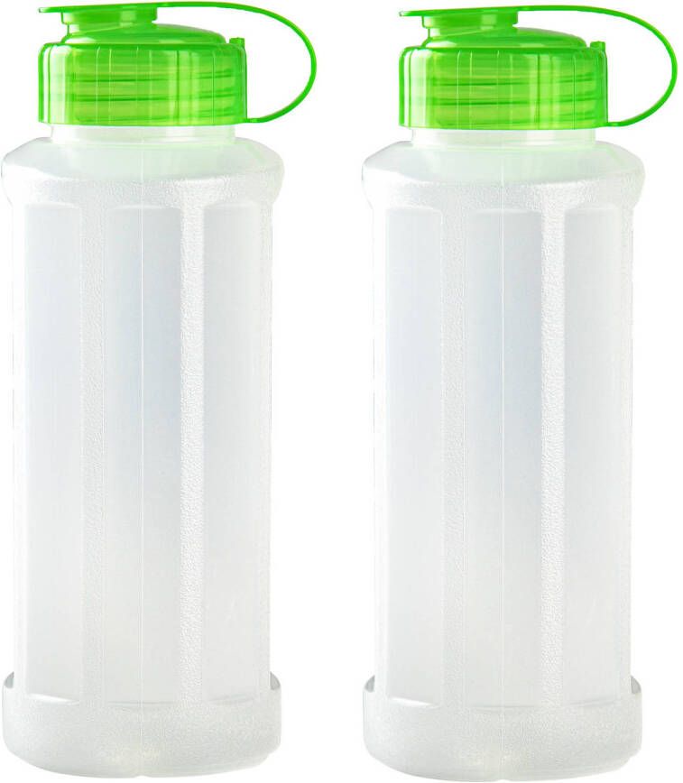 Forte Plastics 2x stuks kunststof waterflessen 1100 ml transparant met dop groen Drinkflessen