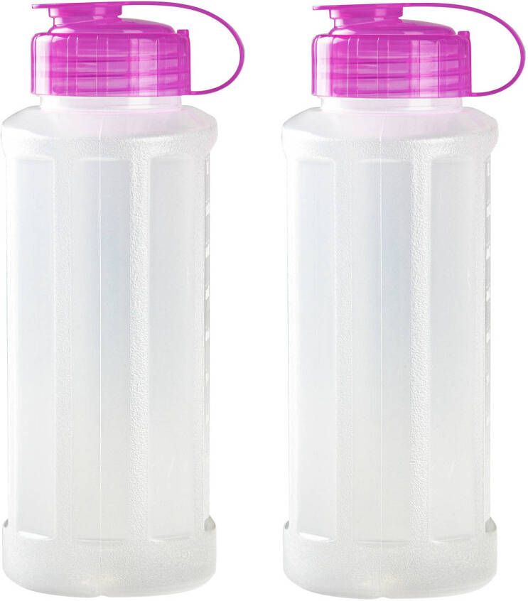 Forte Plastics 2x stuks kunststof waterflessen 1100 ml transparant met dop roze Drinkflessen