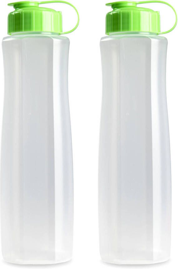 Forte Plastics 2x stuks kunststof waterflessen 1500 ml transparant met dop groen Drinkflessen