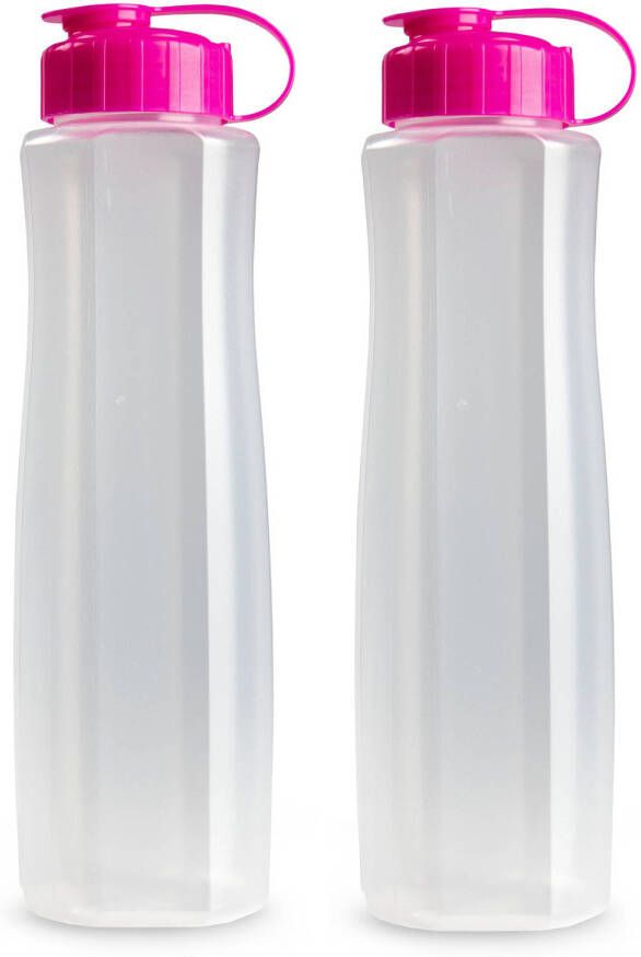 Forte Plastics 2x stuks kunststof waterflessen 1500 ml transparant met dop roze Drinkflessen
