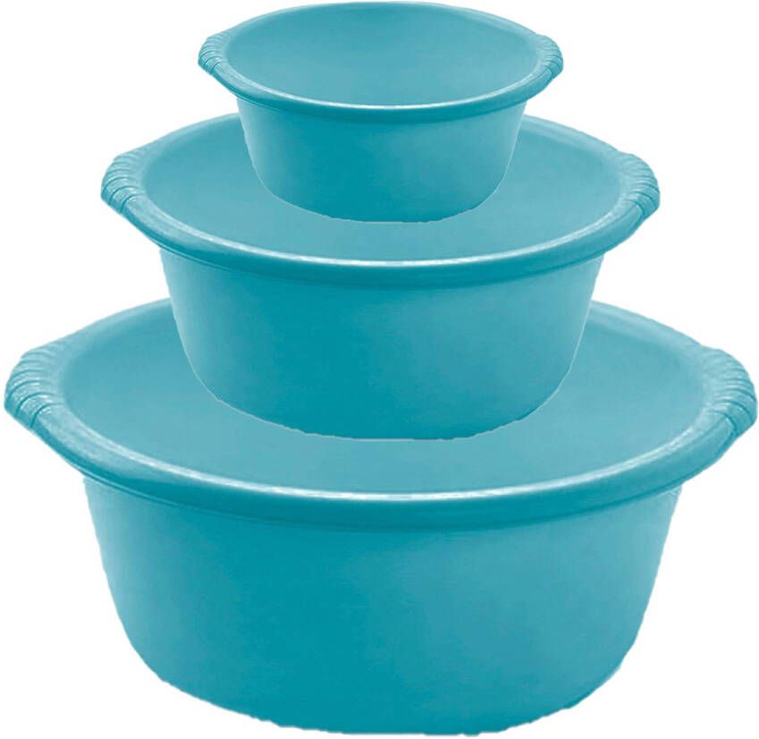 Forte Plastics Afwasbak teil set van 3 formaten 6 en 10 en 15 liter turquoise blauw kunststof Afwasbak